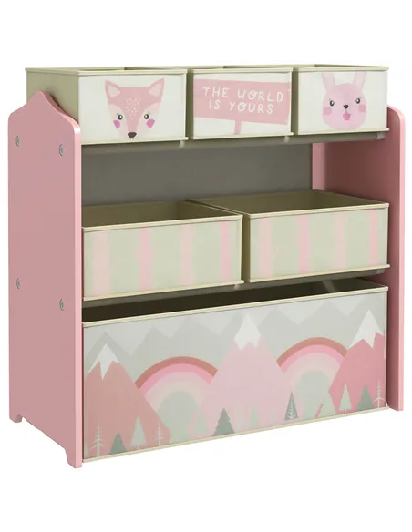 ZONEKIZ Kids Storage Unit, Toy Storage Organiser, with Six Fabric Bins, for Bedrooms, Playrooms, Nurseries - Pink