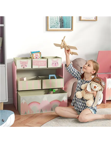 ZONEKIZ Kids Storage Unit, Toy Storage Organiser, with Six Fabric Bins, for Bedrooms, Playrooms, Nurseries - Pink