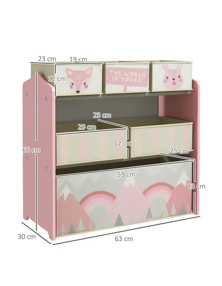 ZONEKIZ Kids Storage Unit, Toy Storage Organiser, with Six Fabric Bins, for Bedrooms, Playrooms, Nurseries - Pink