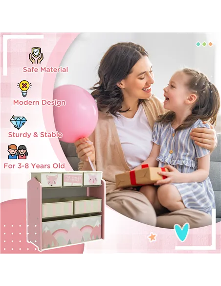 ZONEKIZ Kids Storage Unit, Toy Storage Organiser, with Six Fabric Bins, for Bedrooms, Playrooms, Nurseries - Pink