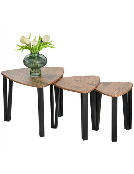 HOMCOM Nest of Tables, Coffee Table Set of 3, Triangle Nesting Tables with Metal Legs, Industrial End Side Table for Living Room
