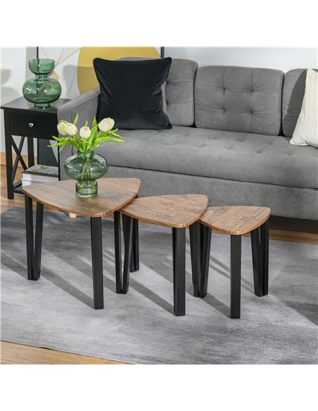 HOMCOM Nest of Tables, Coffee Table Set of 3, Triangle Nesting Tables with Metal Legs, Industrial End Side Table for Living Room