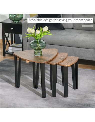 HOMCOM Nest of Tables, Coffee Table Set of 3, Triangle Nesting Tables with Metal Legs, Industrial End Side Table for Living Room