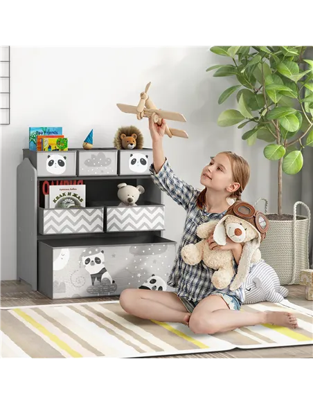 ZONEKIZ Kids Storage Unit, Toy Storage Organiser, with Six Fabric Bins, for Bedrooms, Playrooms, Nurseries - Grey
