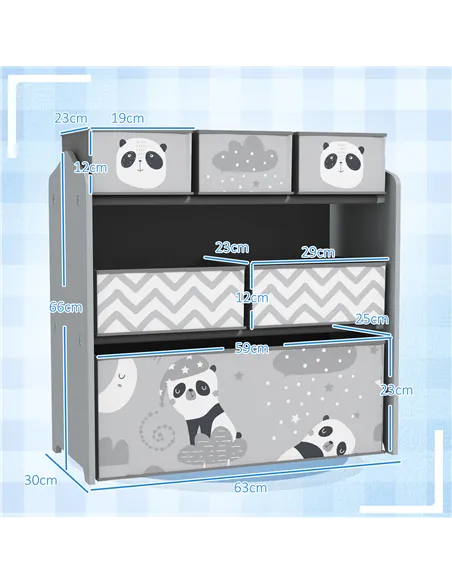 ZONEKIZ Kids Storage Unit, Toy Storage Organiser, with Six Fabric Bins, for Bedrooms, Playrooms, Nurseries - Grey