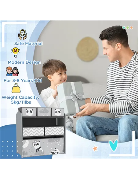 ZONEKIZ Kids Storage Unit, Toy Storage Organiser, with Six Fabric Bins, for Bedrooms, Playrooms, Nurseries - Grey