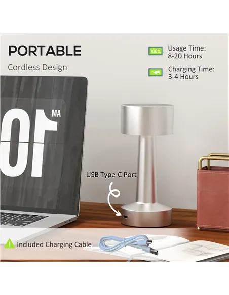 2 Pack Cordless Table Lamp, Touch LED Desk Lamp with Rechargeable Battery, 3 Colour, for Bedroom Living Room, Silver