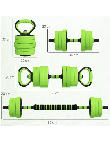 SPORTNOW 20kg Four-In-One Adjustable Weight Dumbbells Set, Barbell, Kettlebell, Push Up Stand - Green