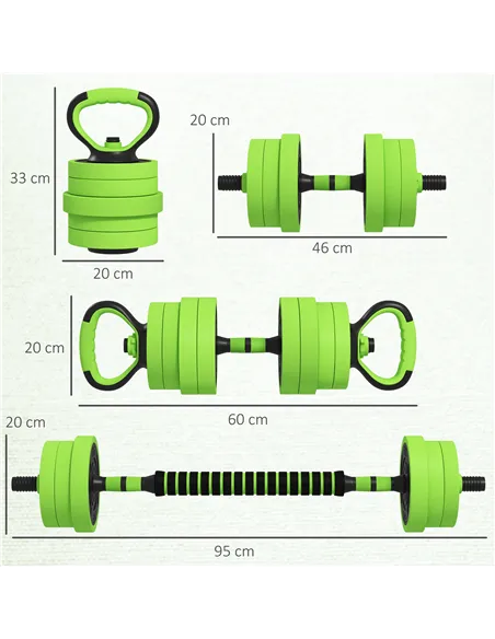 SPORTNOW 20kg Four-In-One Adjustable Weight Dumbbells Set, Barbell, Kettlebell, Push Up Stand - Green