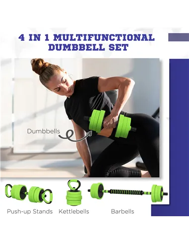 SPORTNOW 20kg Four-In-One Adjustable Weight Dumbbells Set, Barbell, Kettlebell, Push Up Stand - Green