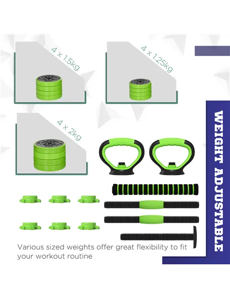 SPORTNOW 20kg Four-In-One Adjustable Weight Dumbbells Set, Barbell, Kettlebell, Push Up Stand - Green
