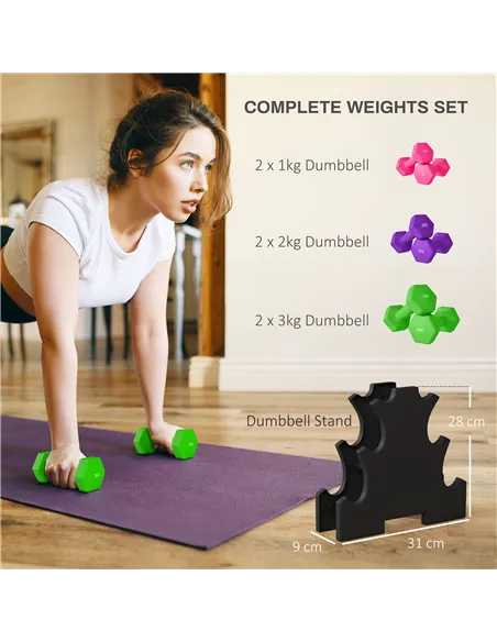 SPORTNOW 2 x 1kg, 2 x 2kg, 2 x 3kg Dumbbells Set with Dumbbell Rack, Hand Weights for Home Gym Training