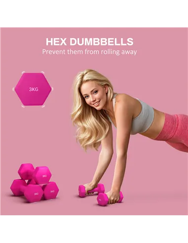 SPORTNOW 2 x 3kg Hexagonal Dumbbells Weights Set with Non-Slip Grip for Home Gym Workout, Pink