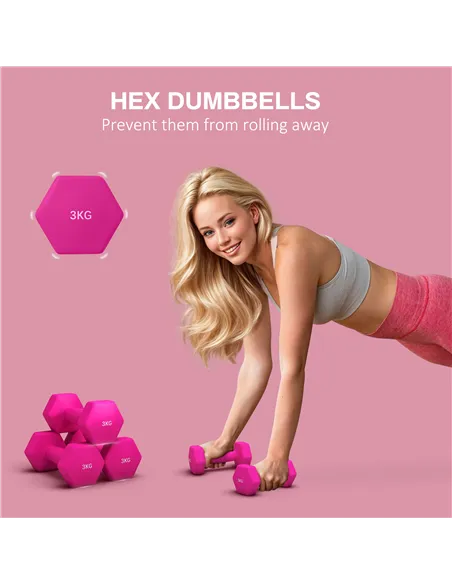 SPORTNOW 2 x 3kg Hexagonal Dumbbells Weights Set with Non-Slip Grip for Home Gym Workout, Pink