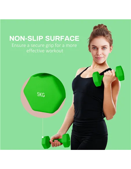 SPORTNOW 2 x 5kg Hexagonal Dumbbells Weights Set with Non-Slip Grip for Home Gym Workout, Green