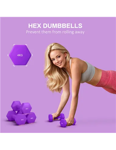 SPORTNOW 2 x 4kg Hexagonal Dumbbells Weights Set with Non-Slip Grip for Home Gym Workout, Purple