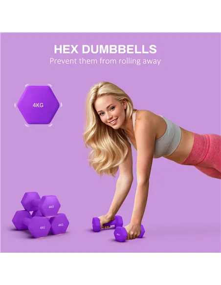 SPORTNOW 2 x 4kg Hexagonal Dumbbells Weights Set with Non-Slip Grip for Home Gym Workout, Purple