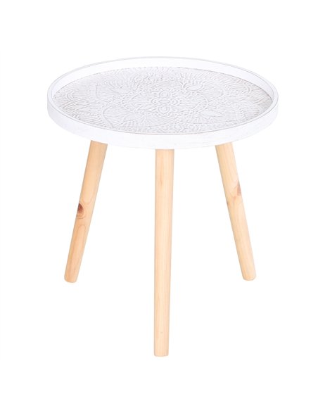 HOMCOM Coffee Table, Carved Floral Round Table with Tray-style Top and Wood Legs, Modern Side Table for Living Room, White