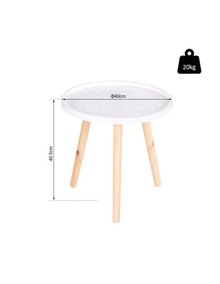 HOMCOM Coffee Table, Carved Floral Round Table with Tray-style Top and Wood Legs, Modern Side Table for Living Room, White