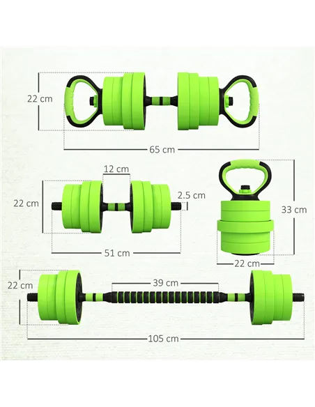 SPORTNOW 30kg Four-In-One Adjustable Weight Dumbbells Set, Barbell, Kettlebell, Push Up Stand - Green