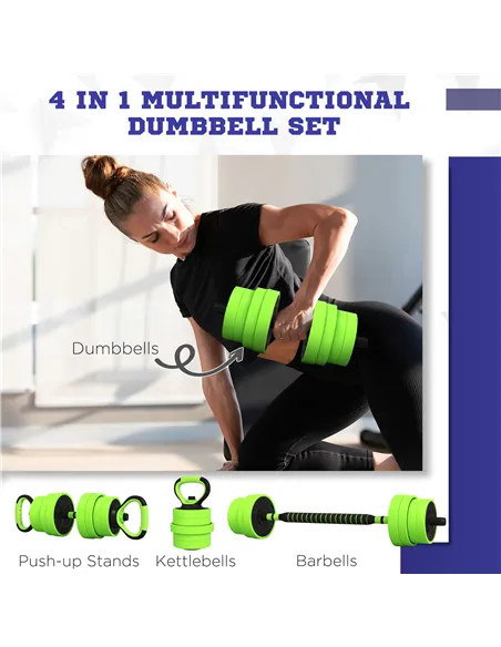 SPORTNOW 30kg Four-In-One Adjustable Weight Dumbbells Set, Barbell, Kettlebell, Push Up Stand - Green