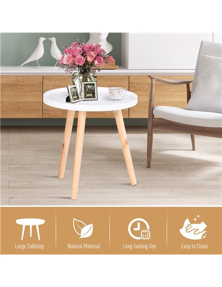 HOMCOM Coffee Table, Carved Floral Round Table with Tray-style Top and Wood Legs, Modern Side Table for Living Room, White