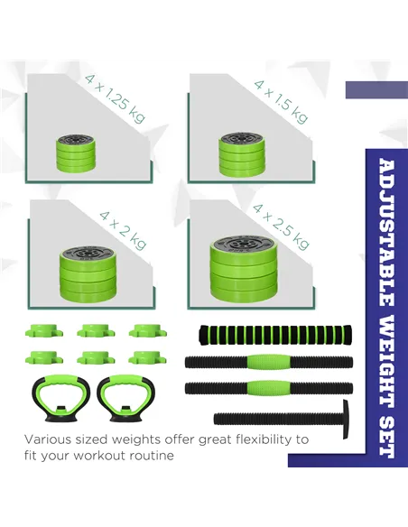 SPORTNOW 30kg Four-In-One Adjustable Weight Dumbbells Set, Barbell, Kettlebell, Push Up Stand - Green