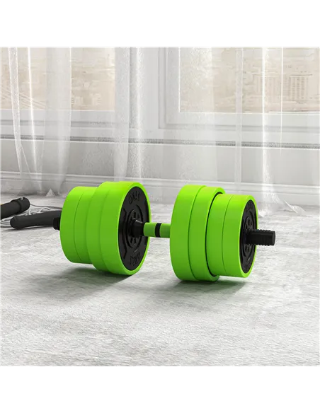 SPORTNOW 30kg Four-In-One Adjustable Weight Dumbbells Set, Barbell, Kettlebell, Push Up Stand - Green