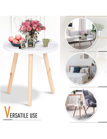 HOMCOM Coffee Table, Carved Floral Round Table with Tray-style Top and Wood Legs, Modern Side Table for Living Room, White