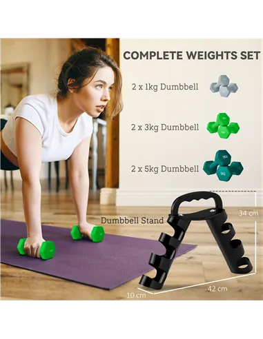 SPORTNOW Dumbbells Set with Storage Rack, 2 x 1kg, 2 x 3kg, 2 x 5kg, Grey