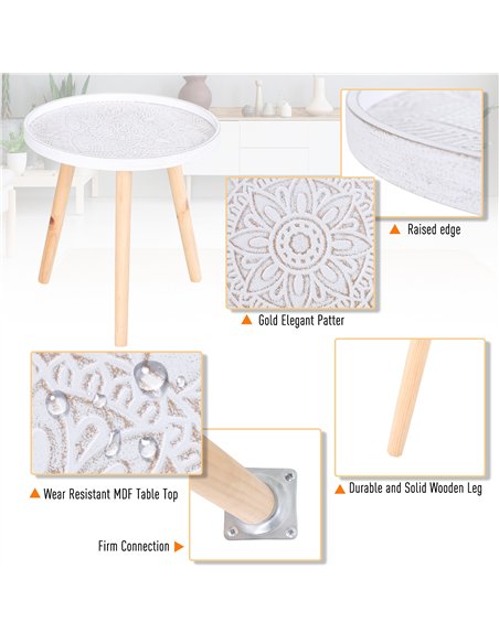 HOMCOM Coffee Table, Carved Floral Round Table with Tray-style Top and Wood Legs, Modern Side Table for Living Room, White
