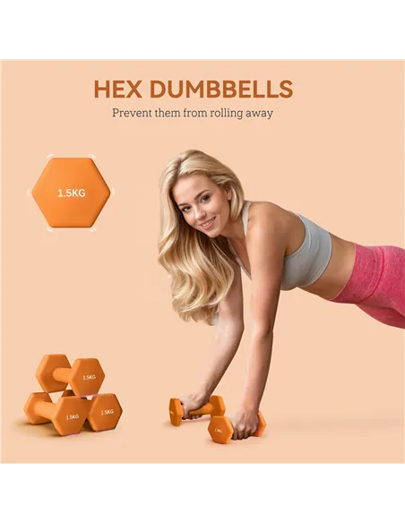 SPORTNOW 2 x 1.5kg Hexagonal Dumbbells Weights Set with Non-Slip Grip for Home Gym Workout, Orange