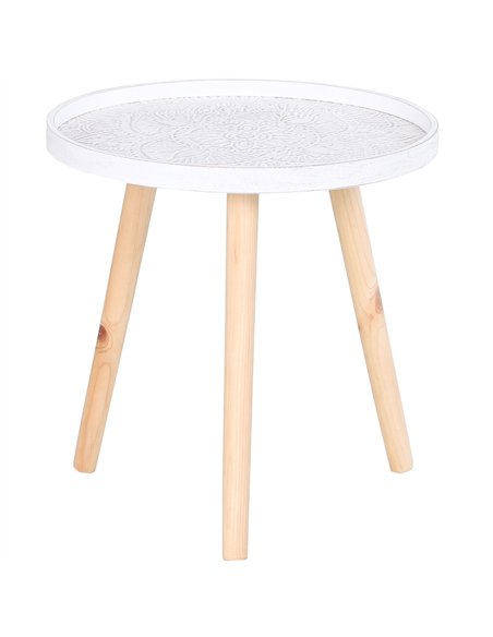 HOMCOM Coffee Table, Carved Floral Round Table with Tray-style Top and Wood Legs, Modern Side Table for Living Room, White