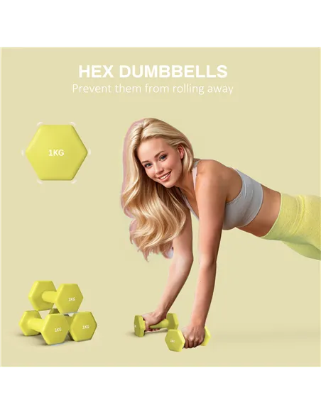 SPORTNOW 2 x 1kg Hexagonal Dumbbells Weights Set with Non-Slip Grip for Home Gym Workout, Yellow