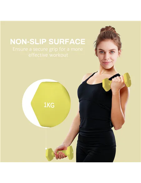 SPORTNOW 2 x 1kg Hexagonal Dumbbells Weights Set with Non-Slip Grip for Home Gym Workout, Yellow