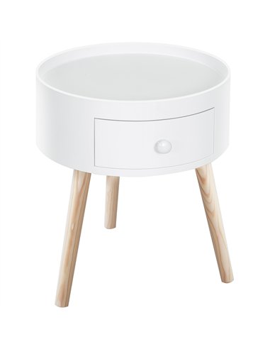 HOMCOM Modern Side Table, Small Coffee Table, Round Bedside Table with Drawer and Wood Legs for Living Room, Bedroom, White