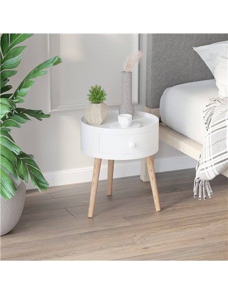HOMCOM Modern Side Table, Small Coffee Table, Round Bedside Table with Drawer and Wood Legs for Living Room, Bedroom, White