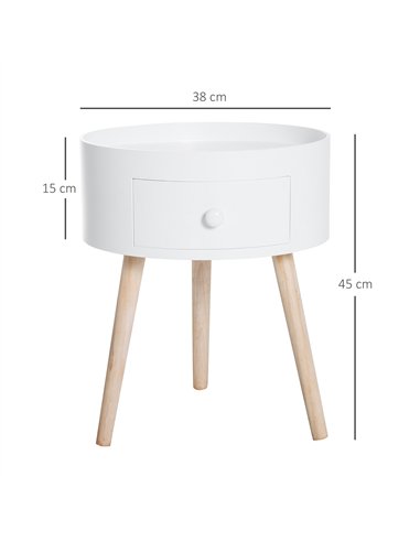 HOMCOM Modern Side Table, Small Coffee Table, Round Bedside Table with Drawer and Wood Legs for Living Room, Bedroom, White