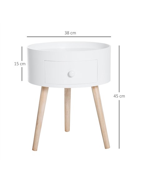 HOMCOM Modern Side Table, Small Coffee Table, Round Bedside Table with Drawer and Wood Legs for Living Room, Bedroom, White