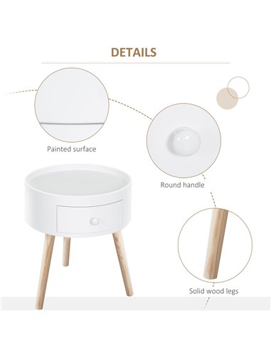 HOMCOM Modern Side Table, Small Coffee Table, Round Bedside Table with Drawer and Wood Legs for Living Room, Bedroom, White