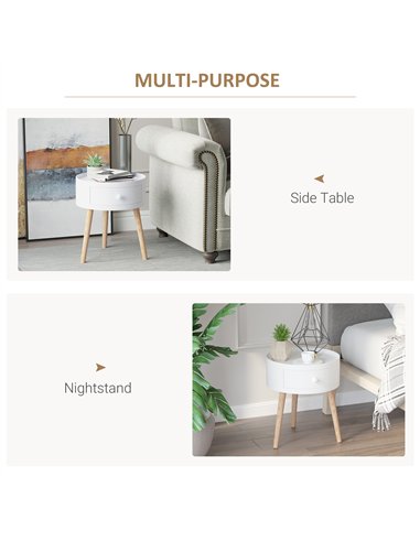 HOMCOM Modern Side Table, Small Coffee Table, Round Bedside Table with Drawer and Wood Legs for Living Room, Bedroom, White