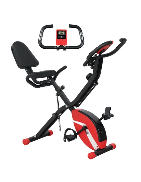 SPORTNOW Five-in-one Foldable Exercise Bike, Stationary Bike with Arm Workout Bands, LDC Monitor, Phone Holder, Red