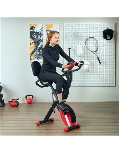 SPORTNOW Five-in-one Foldable Exercise Bike, Stationary Bike with Arm Workout Bands, LDC Monitor, Phone Holder, Red