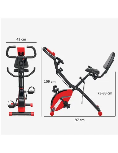 SPORTNOW Five-in-one Foldable Exercise Bike, Stationary Bike with Arm Workout Bands, LDC Monitor, Phone Holder, Red