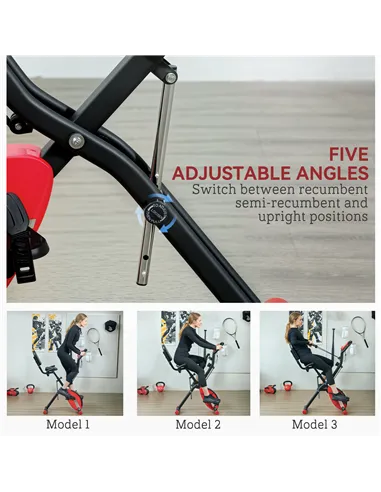 SPORTNOW Five-in-one Foldable Exercise Bike, Stationary Bike with Arm Workout Bands, LDC Monitor, Phone Holder, Red