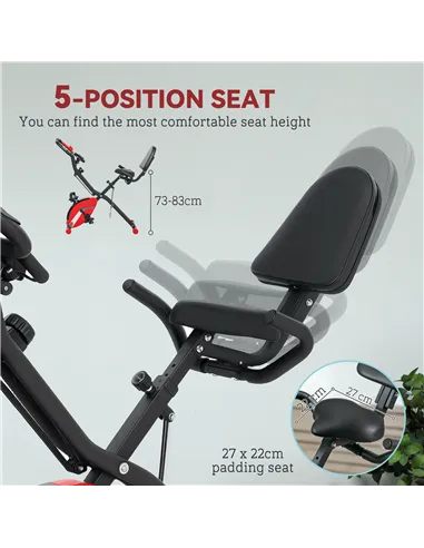 SPORTNOW Five-in-one Foldable Exercise Bike, Stationary Bike with Arm Workout Bands, LDC Monitor, Phone Holder, Red