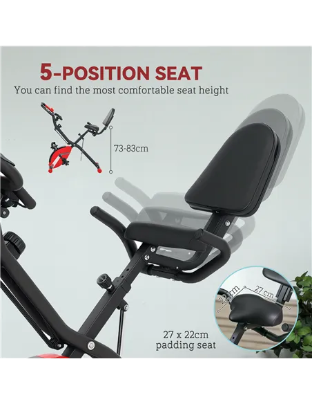 SPORTNOW Five-in-one Foldable Exercise Bike, Stationary Bike with Arm Workout Bands, LDC Monitor, Phone Holder, Red