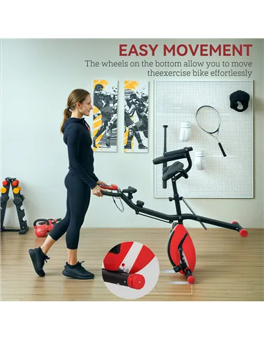 SPORTNOW Five-in-one Foldable Exercise Bike, Stationary Bike with Arm Workout Bands, LDC Monitor, Phone Holder, Red