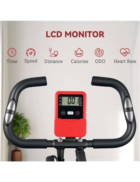 SPORTNOW Five-in-one Foldable Exercise Bike, Stationary Bike with Arm Workout Bands, LDC Monitor, Phone Holder, Red