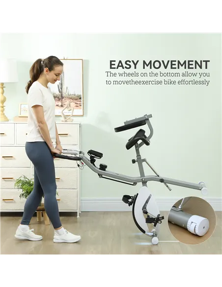 SPORTNOW Five-in-one Foldable Exercise Bike, Stationary Bike with Arm Workout Bands, LDC Monitor, Phone Holder, White